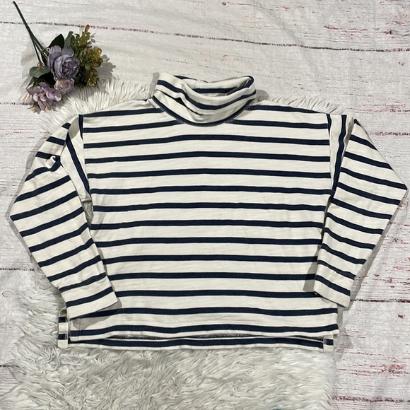 J. Crew Vintage Terry Cotton Stripe Navy Turtleneck Pullover Sweatshirt - Picture 2 of 10